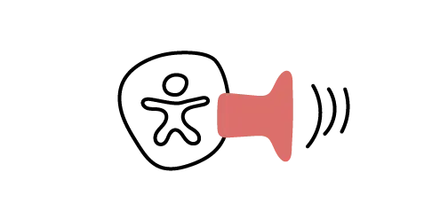 Figur in einem Kreis, vor der ein roter Lautsprecher Schallwellen abstrahlt